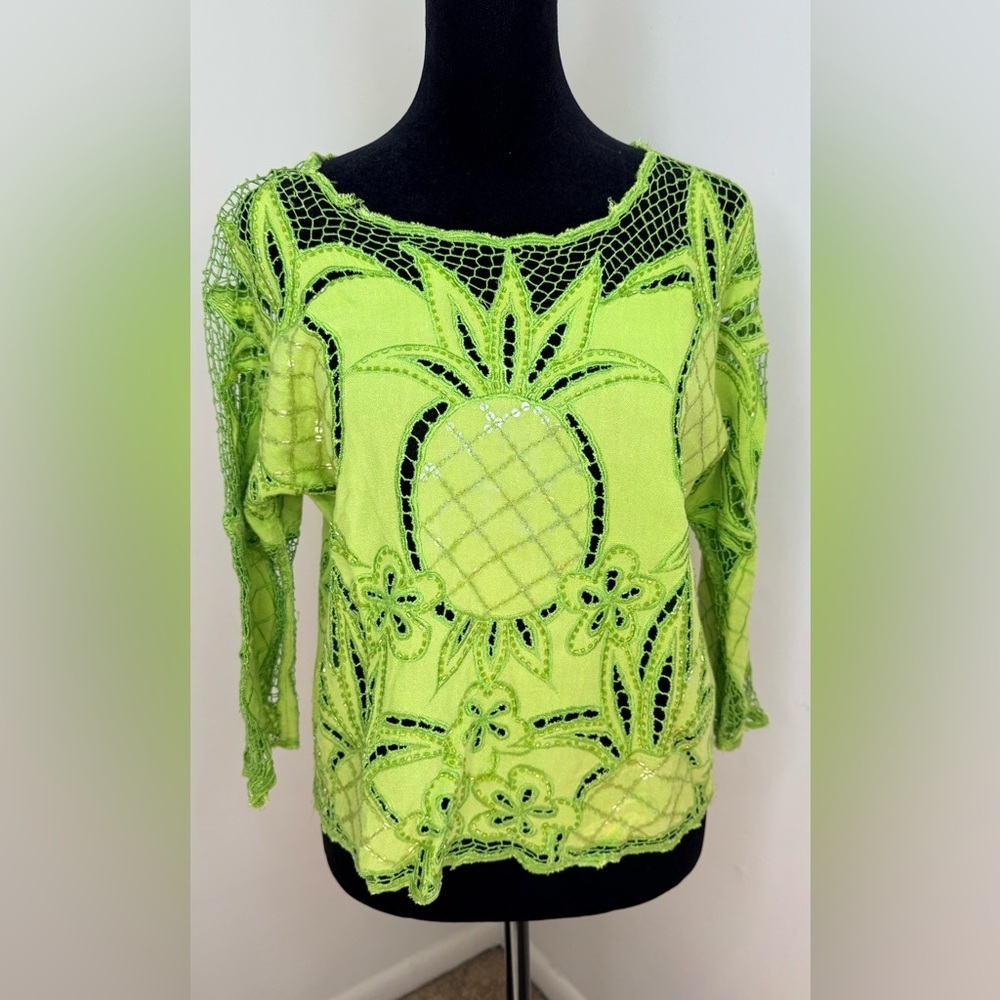 Vintage 90’s linen blend tropical island vacation Lace pineapple shirt green sm